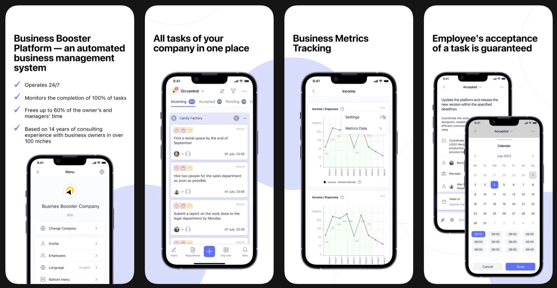 App Store screens: tasks, metrics, and approvals